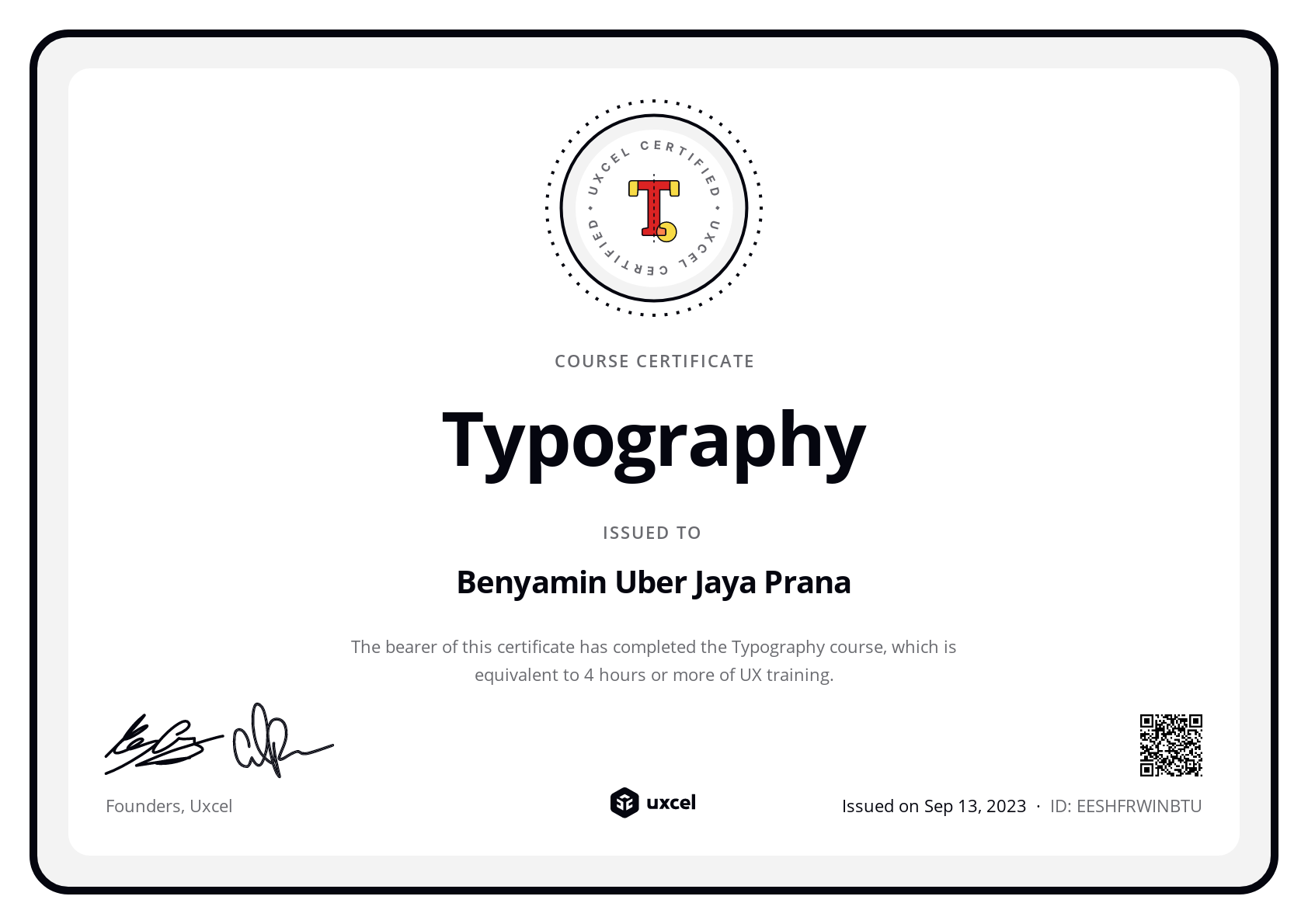 Benyamin Uber Jaya Prana's certificate